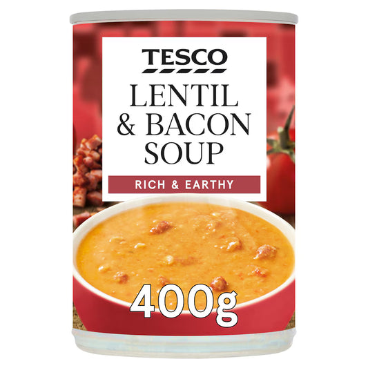 Can of Tesco Lentil & Bacon Soup with a bowl of soup on the label