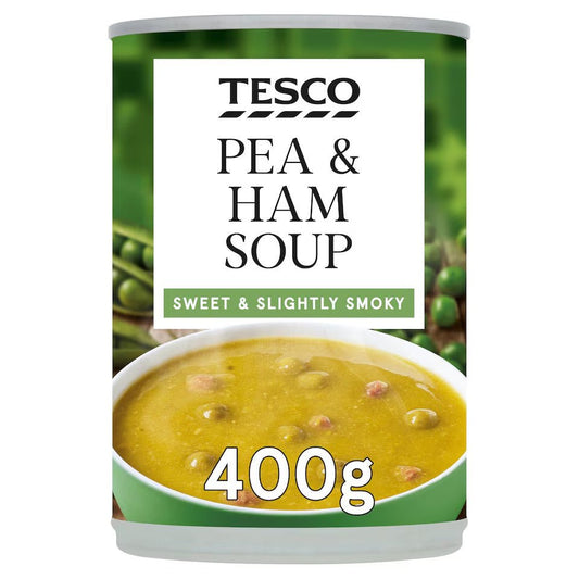 Can of Tesco pea and ham soup with a green label