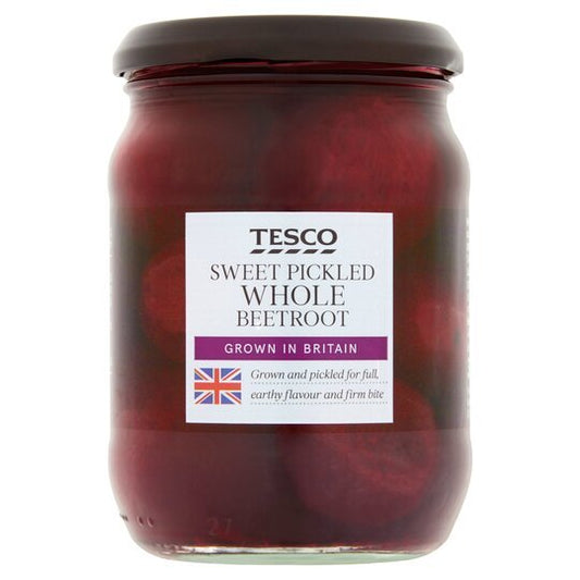 Jar of Tesco sweet pickled whole beetroot on a white background