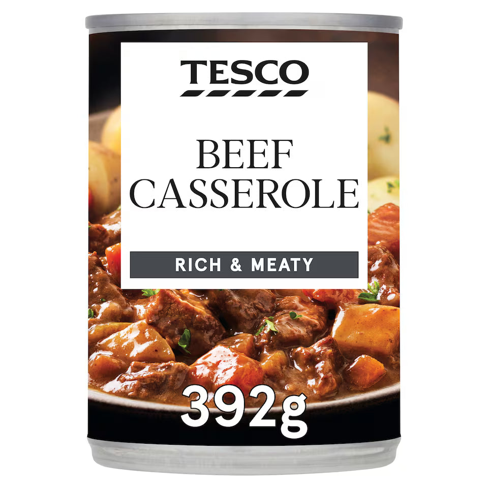 Can of Tesco Beef Casserole with beef and potato dish on label
