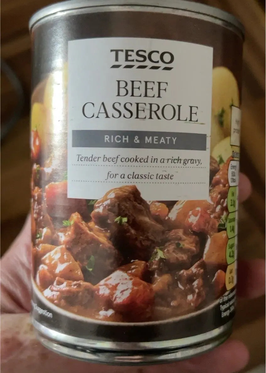 Can of Tesco Beef Casserole held by a hand