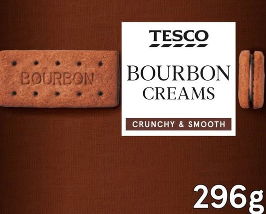 Tesco Bourbon Creams packaging with a brown background