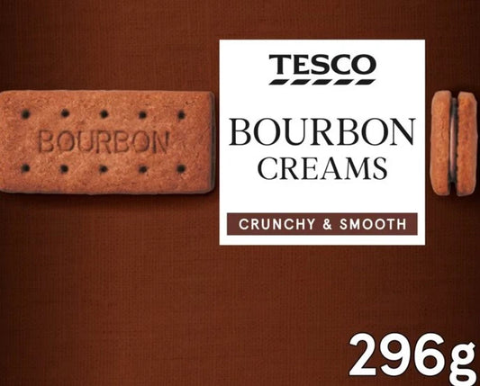 Tesco Bourbon Creams packaging with a brown background