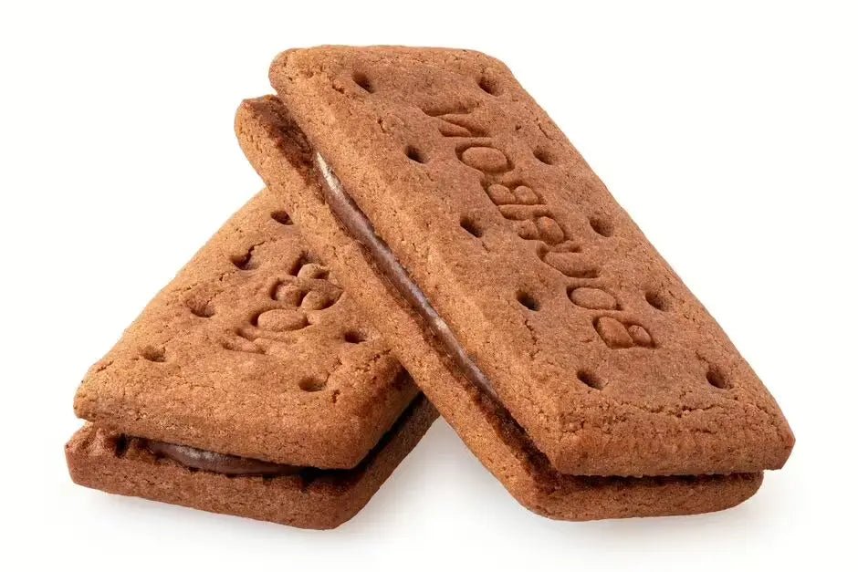 Two sandwich cookies with visible branding on a white background