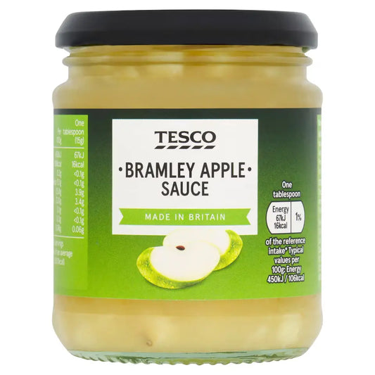 Jar of Tesco Bramley Apple Sauce with a green label on a white background