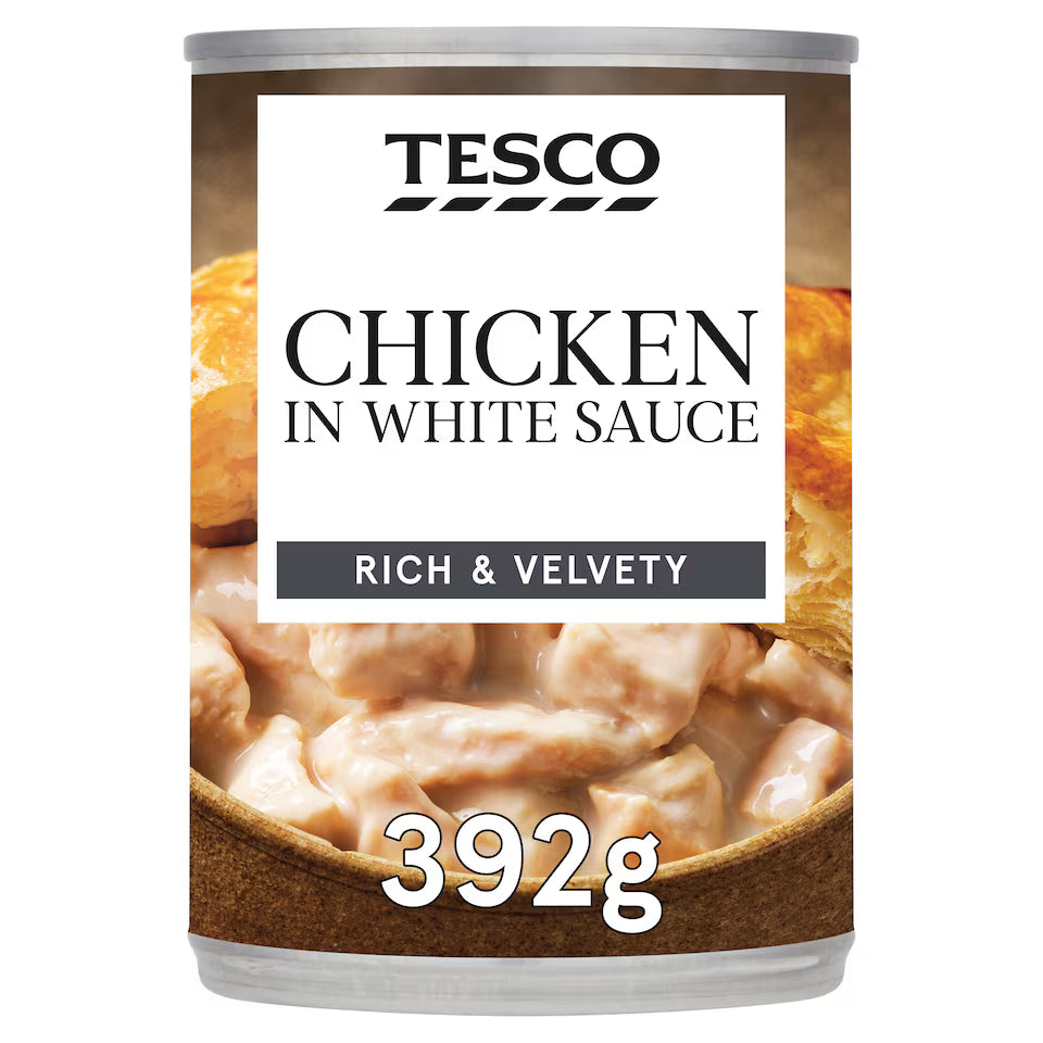 Can of Tesco Chicken in White Sauce with visible branding and product details.