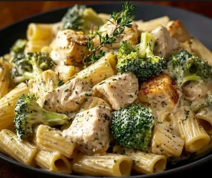 Pasta dish with chicken and broccoli in a creamy sauce