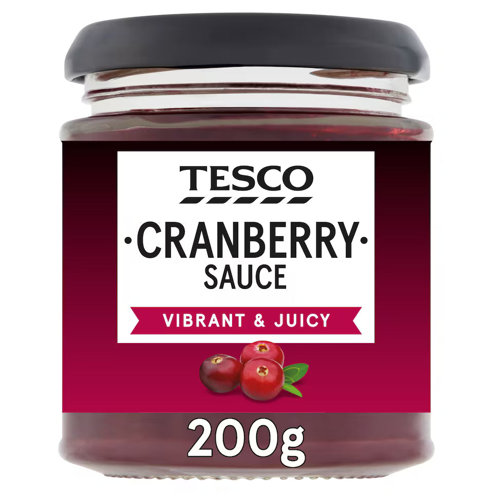 Jar of Tesco Cranberry Sauce with a white label on a white background