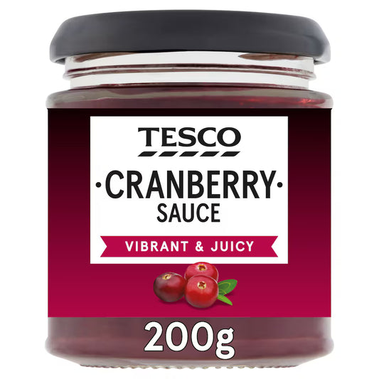 Jar of Tesco Cranberry Sauce with a white label on a white background