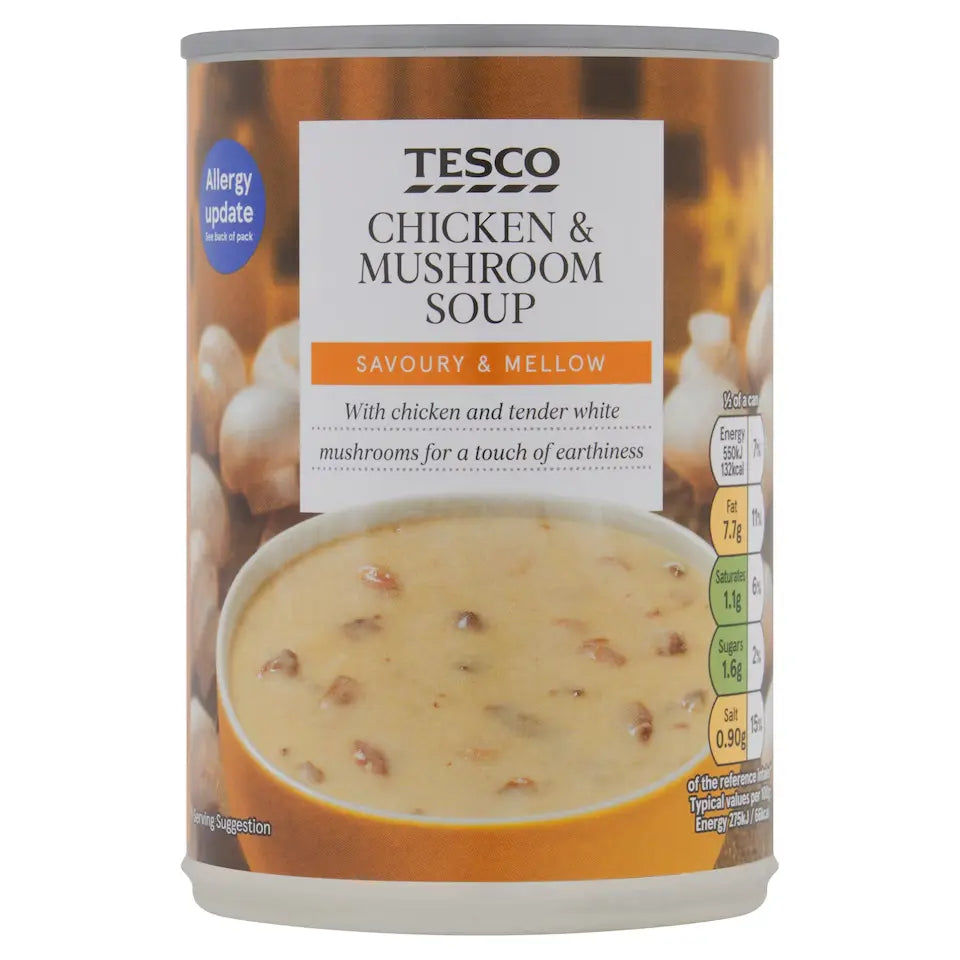 Can of Tesco Chicken & Mushroom Soup on a white background