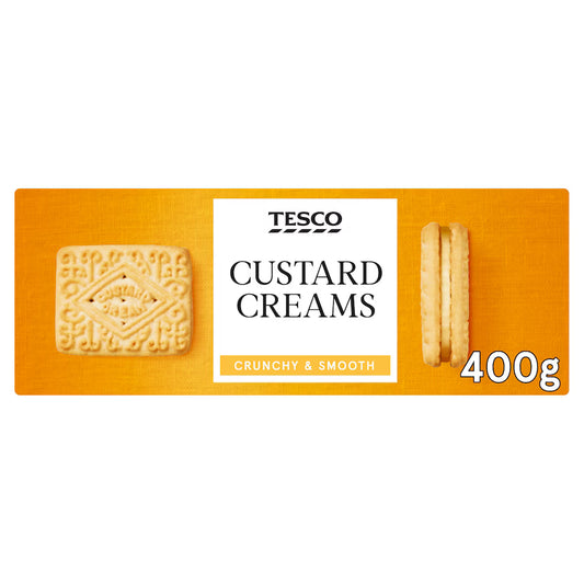 Tesco Custard Creams packaging with two cookies on an orange background