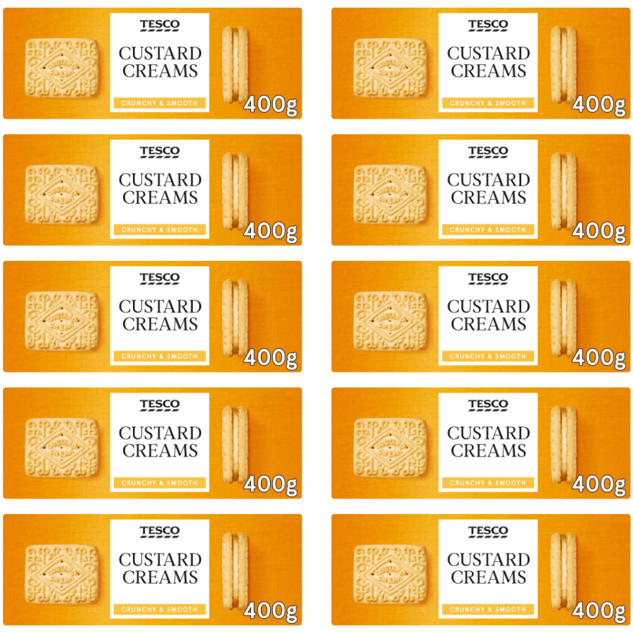 Multiple boxes of Tesco Custard Creams on a white background