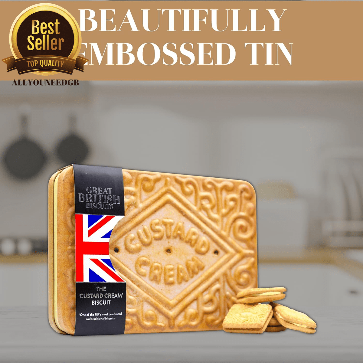 Custard cream biscuit tin with 'Best Seller' and 'Top Quality' badges on a blurred kitchen background.
