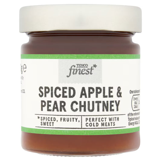 Jar of Tesco Finest Spiced Apple & Pear Chutney on a white background