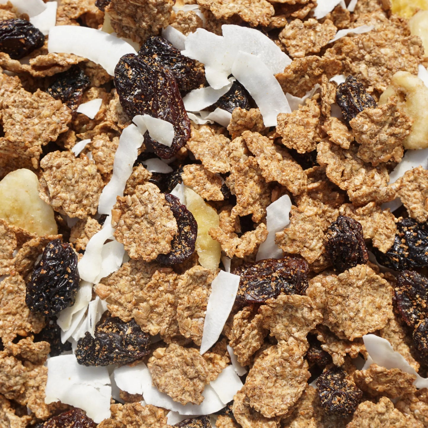 Close-up of a granola or cereal mix with nuts, coconut, and raisins.