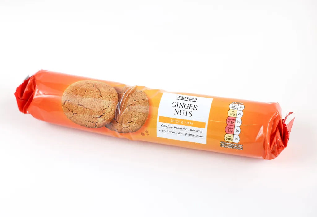 Packaged ginger nuts with Tesco branding on a white background