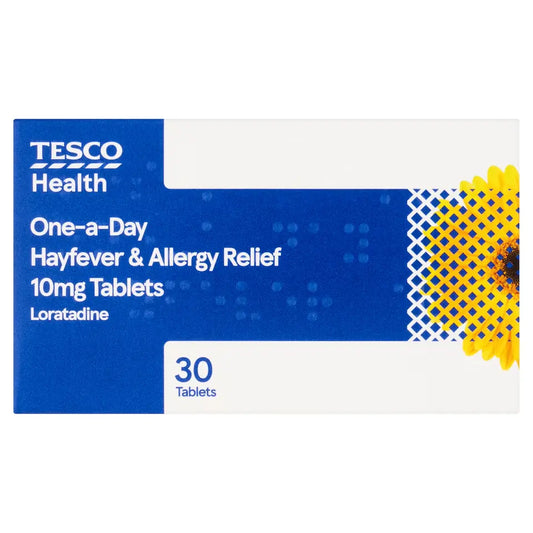 Tesco Health one-a-day hayfever and allergy relief tablets packaging on a white background