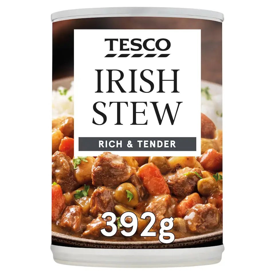 Can of Tesco Irish Stew with visible branding and product details.