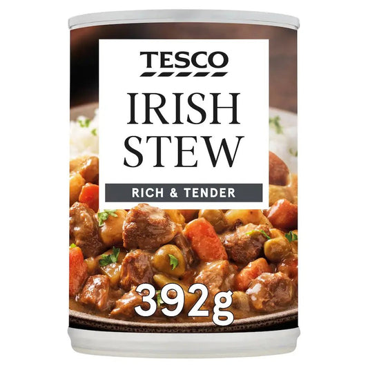Can of Tesco Irish Stew with visible branding and product details.