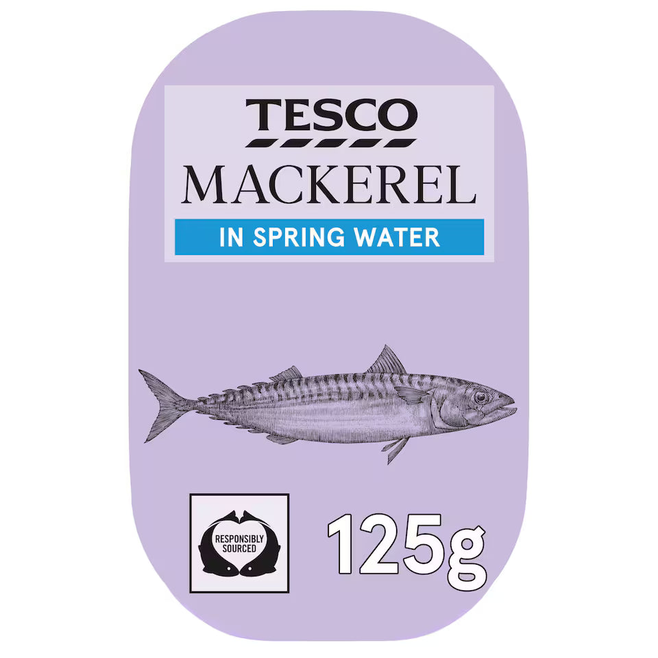 Tesco Mackerel in Spring Water 125g packaging, featuring a light purple background with a detailed mackerel fish illustration, the Tesco brand name, and a Responsible Fisheries logo.