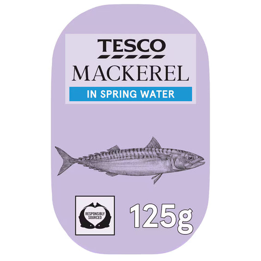 Tesco Mackerel in Spring Water 125g packaging, featuring a light purple background with a detailed mackerel fish illustration, the Tesco brand name, and a Responsible Fisheries logo.