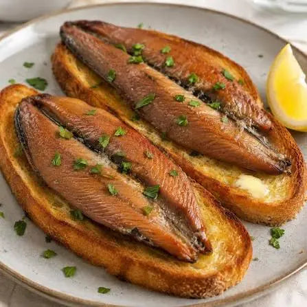 Two slices of toasted bread topped with cooked salmon fillets, garnished with chopped parsley, served on a light gray plate with a lemon wedge.