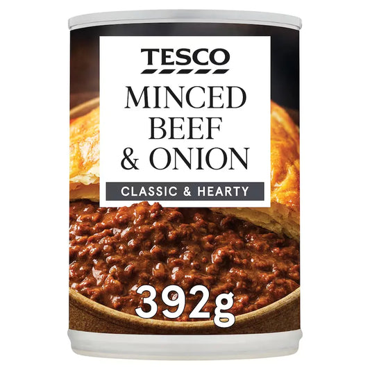Can of Tesco Minced Beef & Onion with a white background