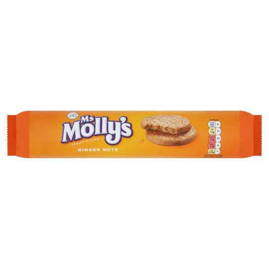 Packaging of Ms Molly's Ginger Nuts on a white background