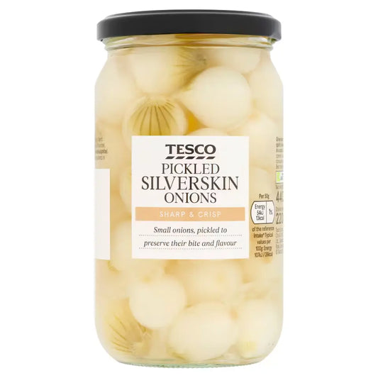 Jar of Tesco pickled silverskin onions on a white background