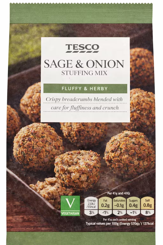 Tesco Sage & Onion Stuffing Mix packaging with stuffing balls in the background