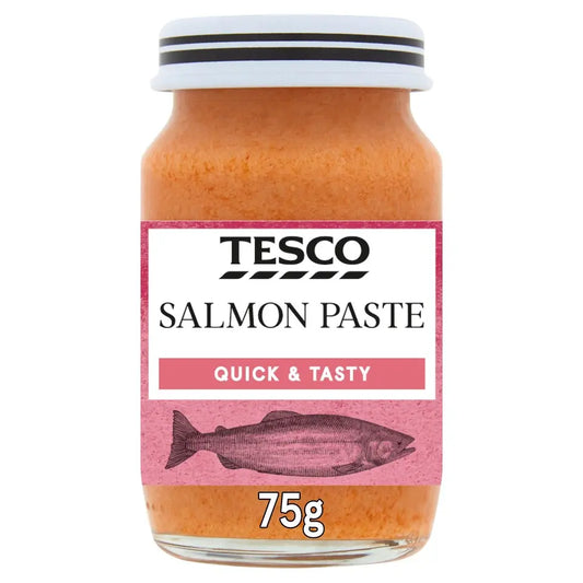 Jar of Tesco Salmon Paste with a white label on a white background