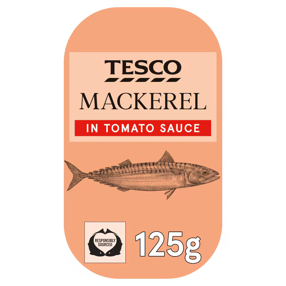 Tesco Mackerel in Tomato Sauce 125g package, featuring a peach-colored label with a detailed mackerel fish illustration and the Tesco brand name.