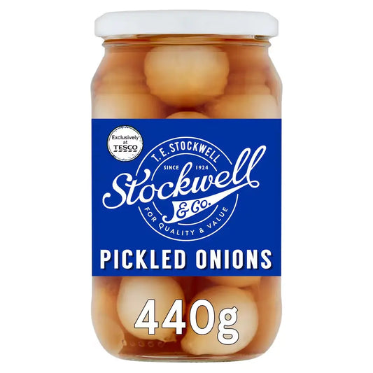 Jar of Stockwell Pickled Onions with blue label on a white background