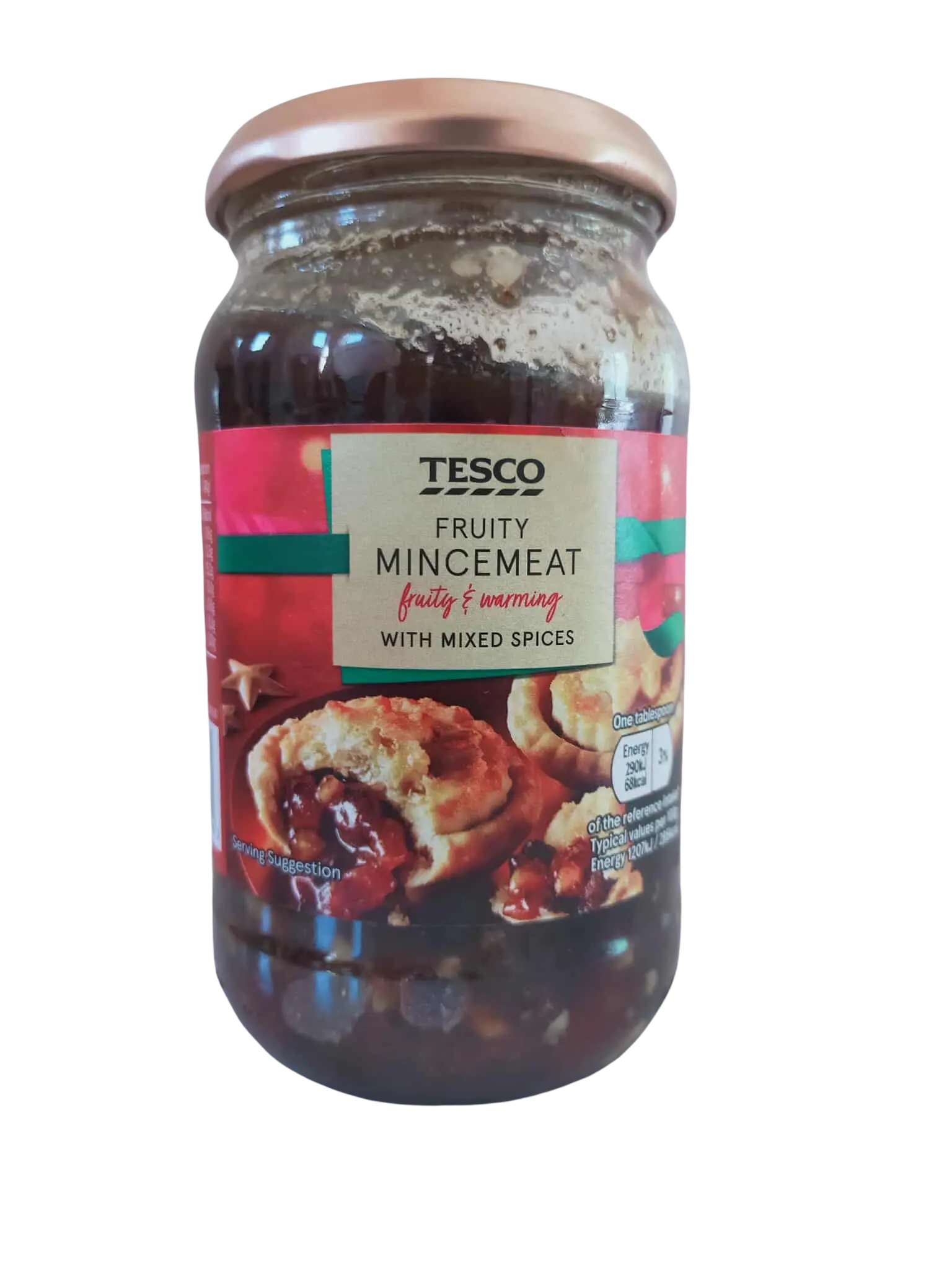 Jar of Tesco Fruity Mincemeat on a white background