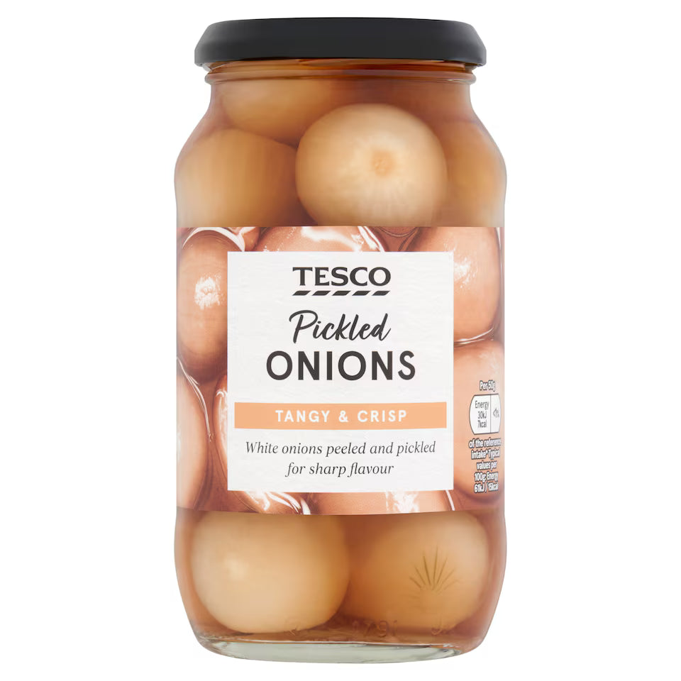 Jar of Tesco pickled onions on a white background