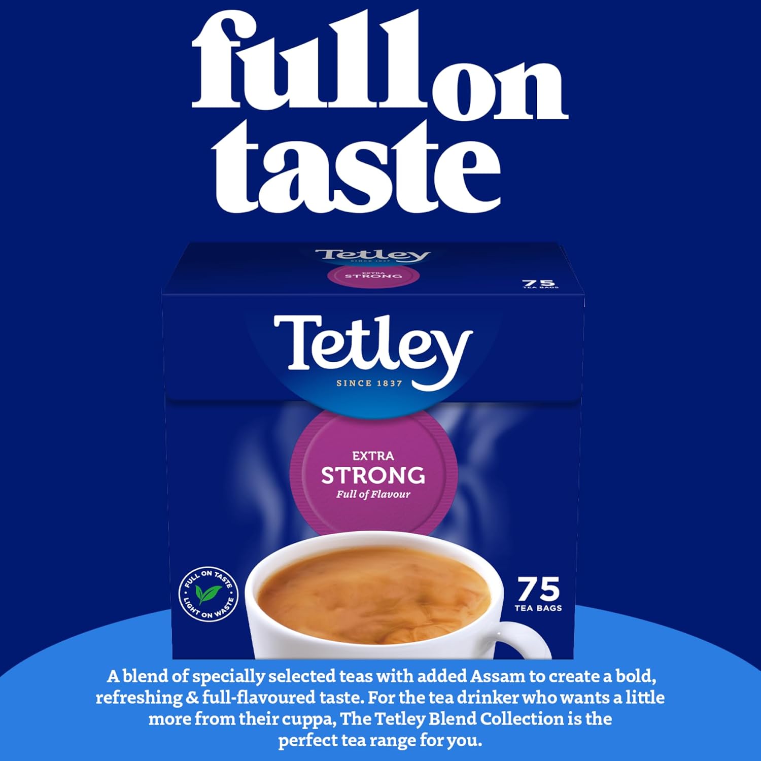 Tetley tea bags packaging with a cup of tea on a blue background