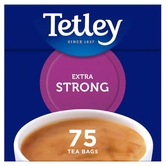 Tetley Extra Strong tea bags packaging with a cup of tea on a blue background