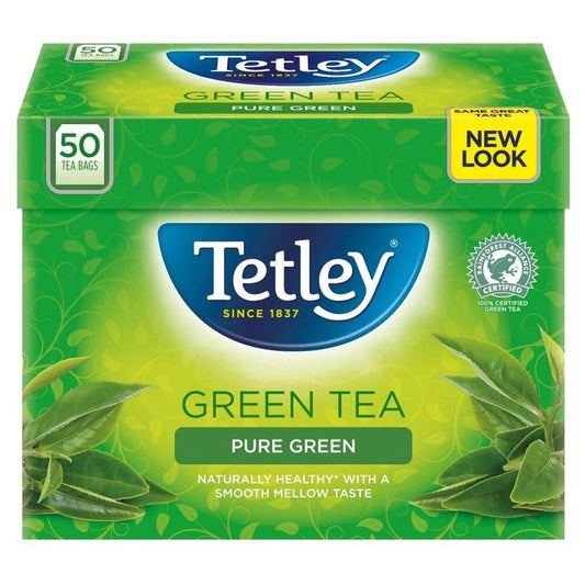 Box of Tetley Pure Green Tea with green leaves on a white background