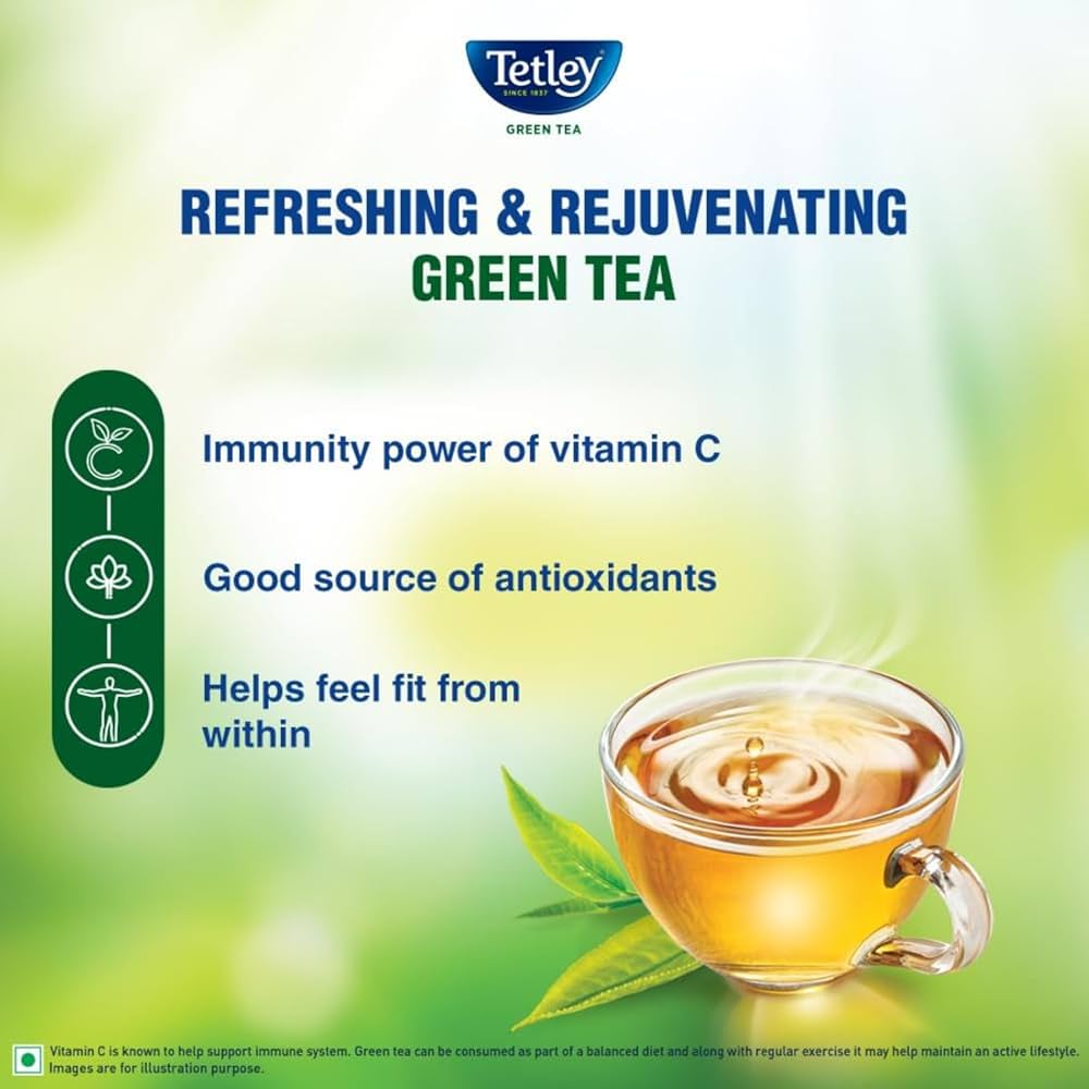 Advertisement for Tetley green tea with a cup of tea and text about its benefits on a green background.
