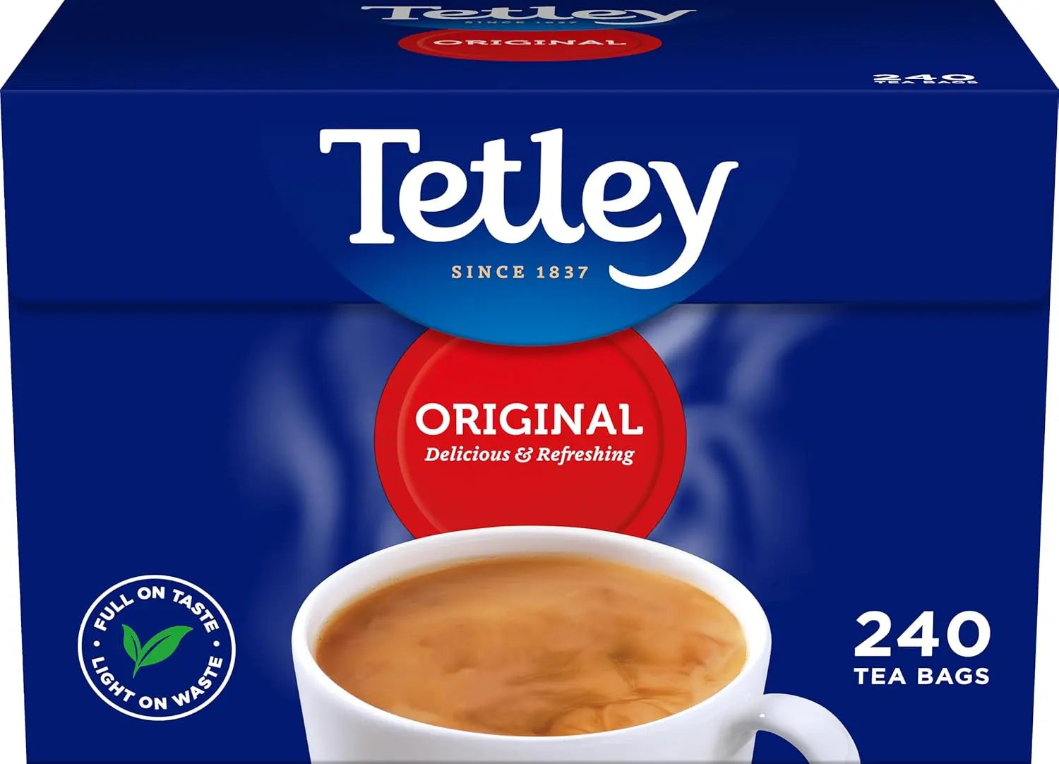 Tetley Original tea packaging with a cup of tea on a blue background