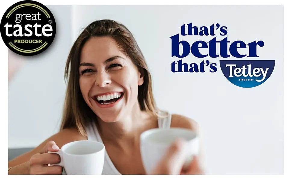 Woman holding a cup with Tetley tea, featuring the brand logo and 'Great Taste' certification.