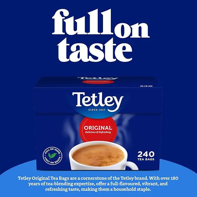 Tetley tea bags packaging with 'full on taste' text on a blue background
