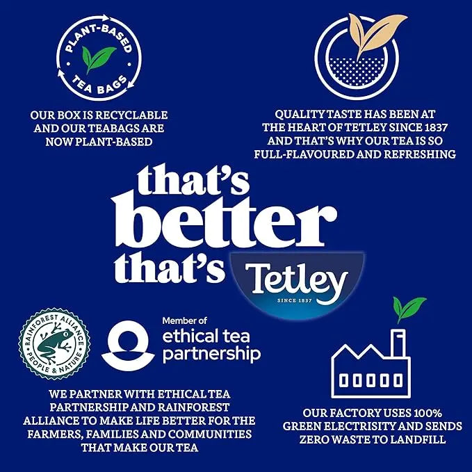 Tetley tea advertisement with branding and sustainability information on a blue background