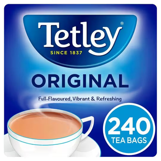 Tetley Original tea packaging with a cup of tea on a blue background