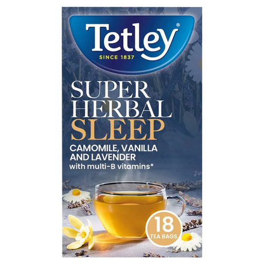 Tetley Super Herbal Sleep tea package with a cup of tea and flowers on a white background, now at Buy British PH.