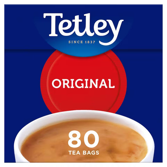 Tetley Original tea bags packaging with a cup of tea on a blue background