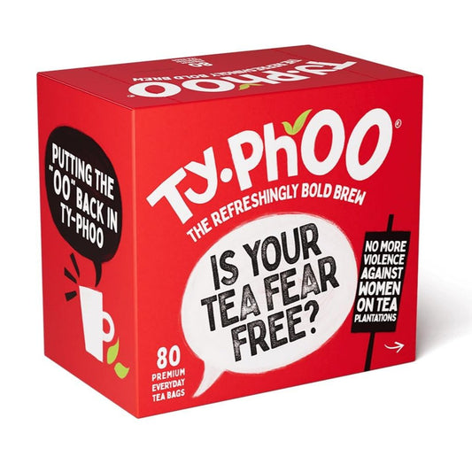 Red box of Typhoo tea with bold text on a white background