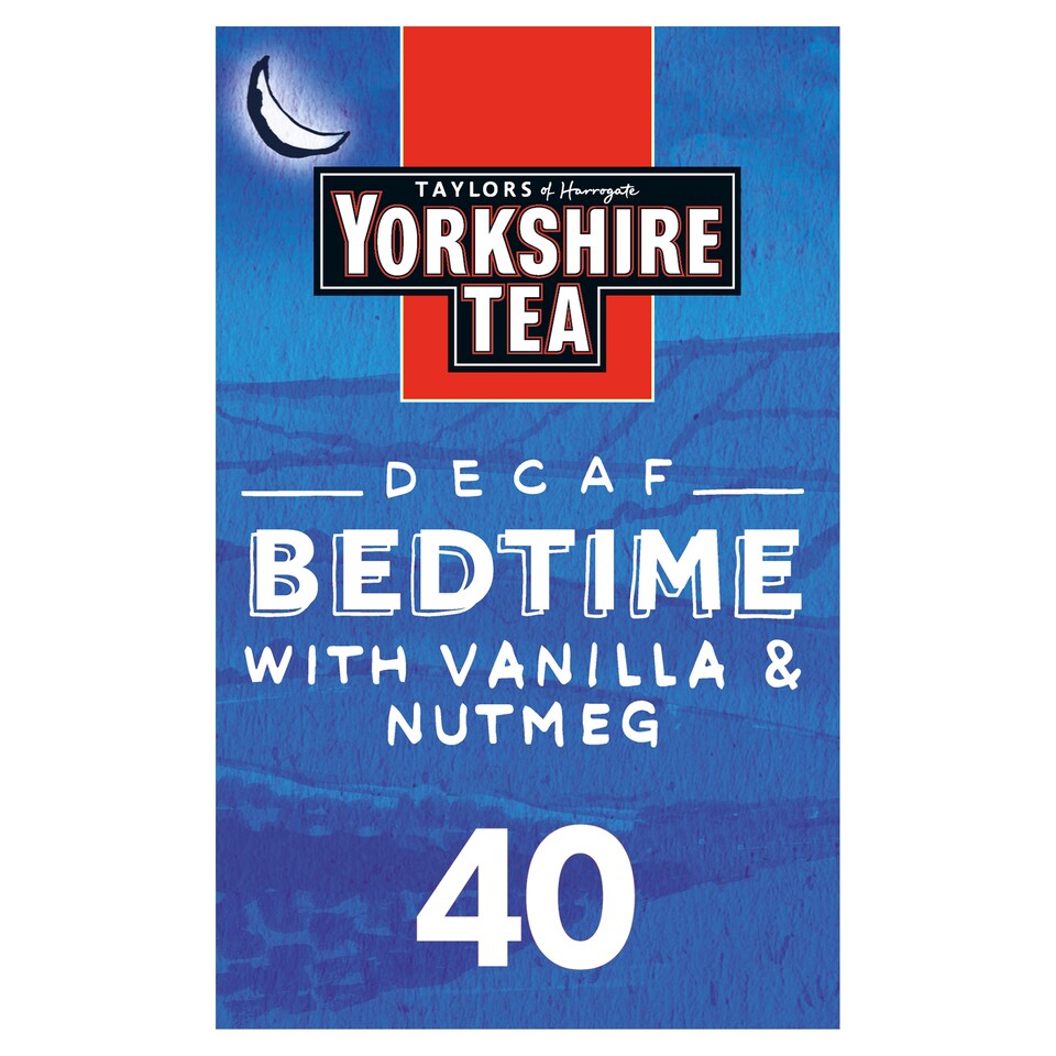Yorkshire Tea Decaf Bedtime with Vanilla & Nutmeg packaging on a blue background