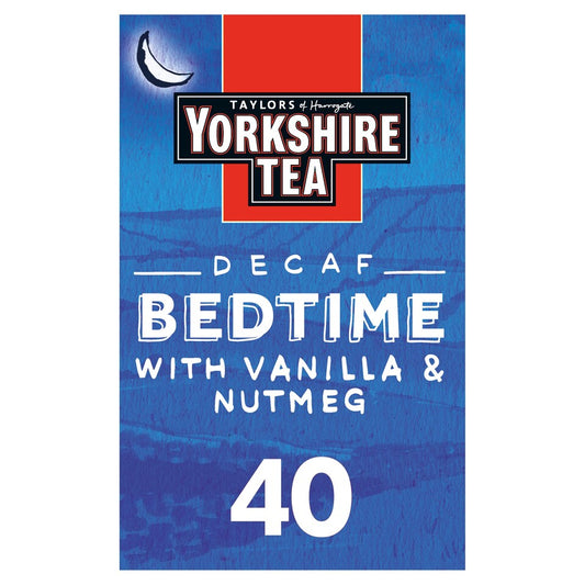 Yorkshire Tea Decaf Bedtime with Vanilla & Nutmeg packaging on a blue background