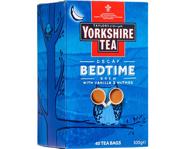 Yorkshire Tea Decaf Bedtime tea packaging with blue design and tea bags illustration.